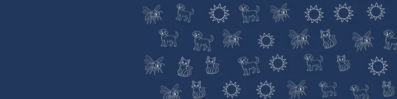 Navy Google Classroom header with white line drawings of cat, sun, dog, bee on the right
