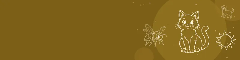 Ochre Google Classroom header with white line drawings of cat, sun, dog, bee on the right