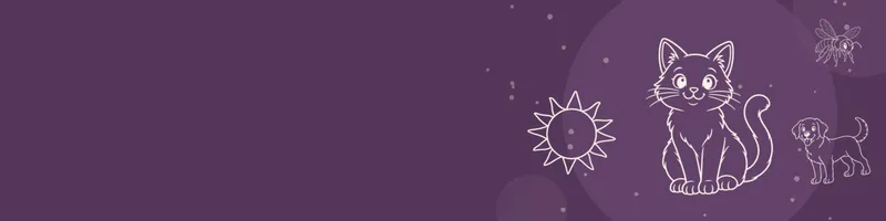 Plum Google Classroom header with white line drawings of cat, sun, dog, bee on the right
