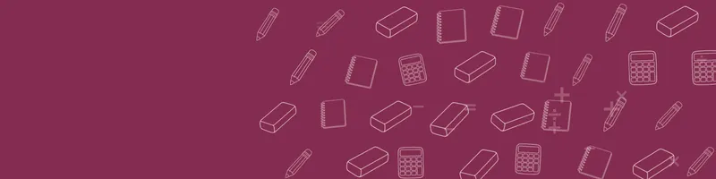 Berry Google Classroom header with white line drawings of calculator, pencil, notebook, eraser on the right