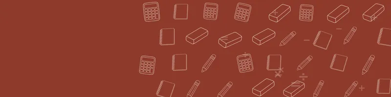 Brick red Google Classroom header with white line drawings of calculator, pencil, notebook, eraser on the right