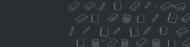 Charcoal Google Classroom header with white line drawings of calculator, pencil, notebook, eraser on the right