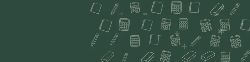 Forest green Google Classroom header with white line drawings of calculator, pencil, notebook, eraser on the right