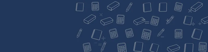 Navy Google Classroom header with white line drawings of calculator, pencil, notebook, eraser on the right