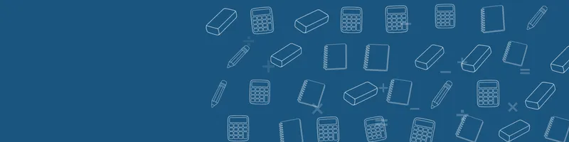 Ocean blue Google Classroom header with white line drawings of calculator, pencil, notebook, eraser on the right