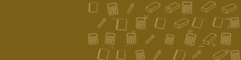 Ochre Google Classroom header with white line drawings of calculator, pencil, notebook, eraser on the right