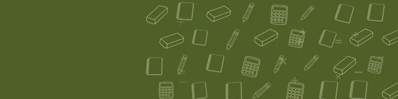 Olive Google Classroom header with white line drawings of calculator, pencil, notebook, eraser on the right