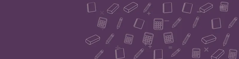 Plum Google Classroom header with white line drawings of calculator, pencil, notebook, eraser on the right