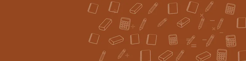 Rust Google Classroom header with white line drawings of calculator, pencil, notebook, eraser on the right