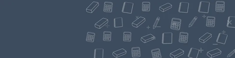 Slate Google Classroom header with white line drawings of calculator, pencil, notebook, eraser on the right