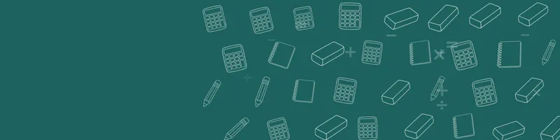 Teal Google Classroom header with white line drawings of calculator, pencil, notebook, eraser on the right
