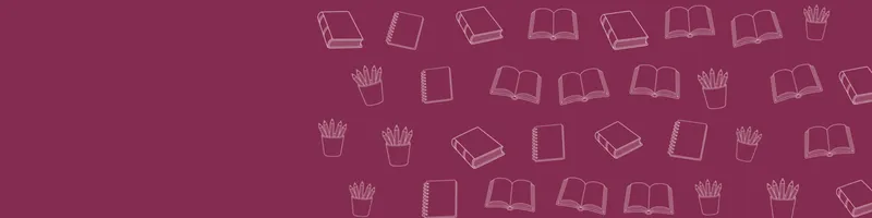 Berry Google Classroom header with white line drawings of book open, book closed, pencils cup, notebook on the right