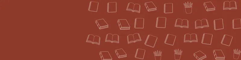 Brick red Google Classroom header with white line drawings of book open, book closed, pencils cup, notebook on the right