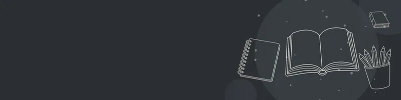 Charcoal Google Classroom header with white line drawings of book open, book closed, pencils cup, notebook on the right