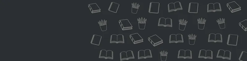 Charcoal Google Classroom header with white line drawings of book open, book closed, pencils cup, notebook on the right