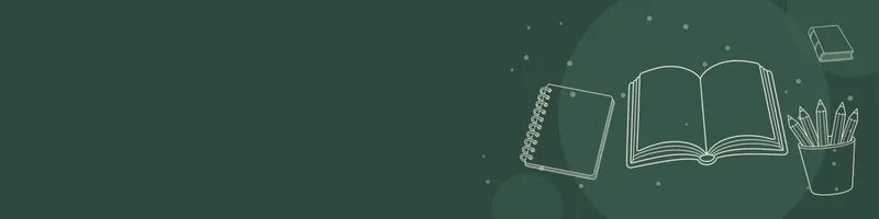 Forest green Google Classroom header with white line drawings of book open, book closed, pencils cup, notebook on the right