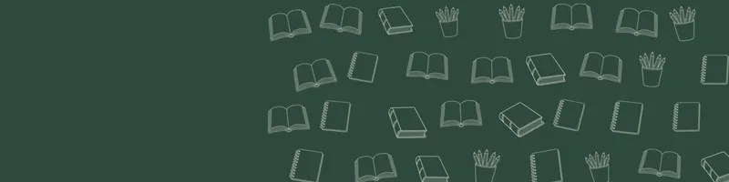 Forest green Google Classroom header with white line drawings of book open, book closed, pencils cup, notebook on the right