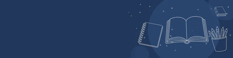Navy Google Classroom header with white line drawings of book open, book closed, pencils cup, notebook on the right