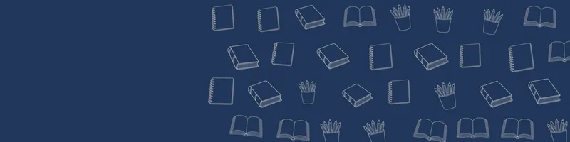 Navy Google Classroom header with white line drawings of book open, book closed, pencils cup, notebook on the right
