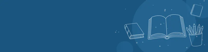 Ocean blue Google Classroom header with white line drawings of book open, book closed, pencils cup, notebook on the right