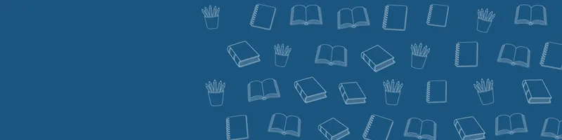 Ocean blue Google Classroom header with white line drawings of book open, book closed, pencils cup, notebook on the right