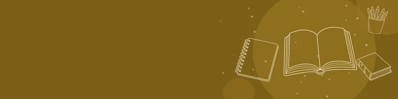 Ochre Google Classroom header with white line drawings of book open, book closed, pencils cup, notebook on the right