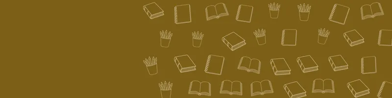 Ochre Google Classroom header with white line drawings of book open, book closed, pencils cup, notebook on the right
