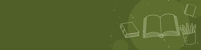 Olive Google Classroom header with white line drawings of book open, book closed, pencils cup, notebook on the right
