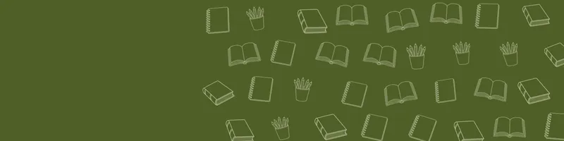 Olive Google Classroom header with white line drawings of book open, book closed, pencils cup, notebook on the right