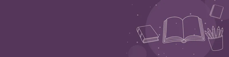 Plum Google Classroom header with white line drawings of book open, book closed, pencils cup, notebook on the right