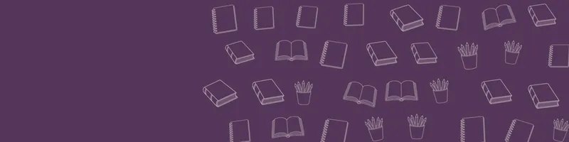 Plum Google Classroom header with white line drawings of book open, book closed, pencils cup, notebook on the right