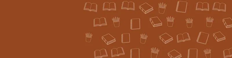Rust Google Classroom header with white line drawings of book open, book closed, pencils cup, notebook on the right