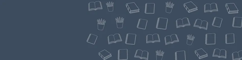 Slate Google Classroom header with white line drawings of book open, book closed, pencils cup, notebook on the right