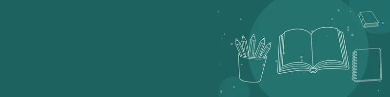 Teal Google Classroom header with white line drawings of book open, book closed, pencils cup, notebook on the right