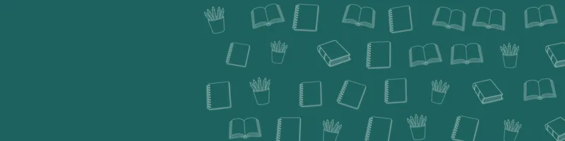 Teal Google Classroom header with white line drawings of book open, book closed, pencils cup, notebook on the right