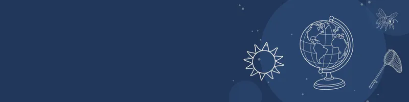 Navy Google Classroom header with white line drawings of globe, bee, net, sun on the right