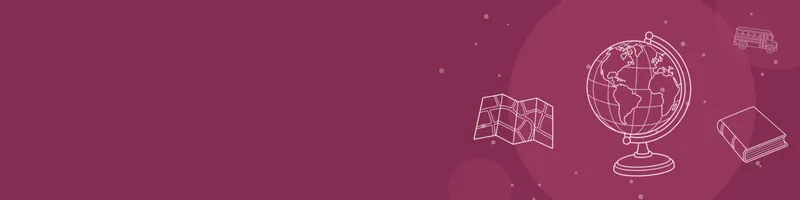 Berry Google Classroom header with white line drawings of globe, map, book closed, school bus on the right