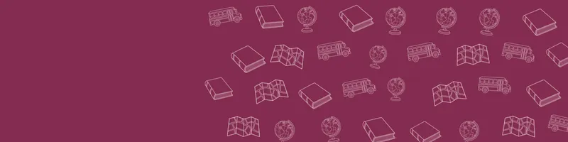 Berry Google Classroom header with white line drawings of globe, map, book closed, school bus on the right