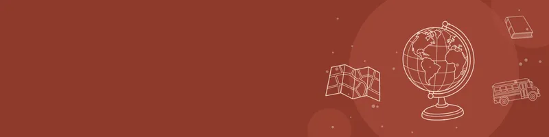 Brick red Google Classroom header with white line drawings of globe, map, book closed, school bus on the right