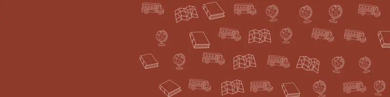 Brick red Google Classroom header with white line drawings of globe, map, book closed, school bus on the right