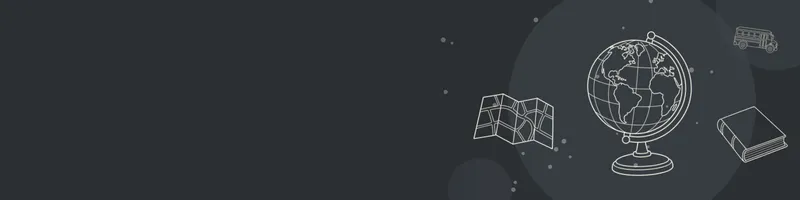 Charcoal Google Classroom header with white line drawings of globe, map, book closed, school bus on the right