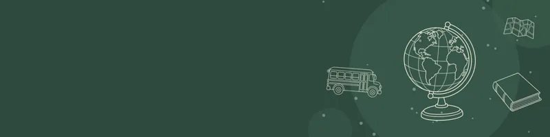 Forest green Google Classroom header with white line drawings of globe, map, book closed, school bus on the right