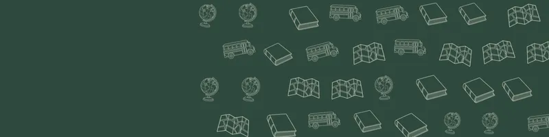 Forest green Google Classroom header with white line drawings of globe, map, book closed, school bus on the right