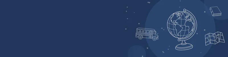Navy Google Classroom header with white line drawings of globe, map, book closed, school bus on the right