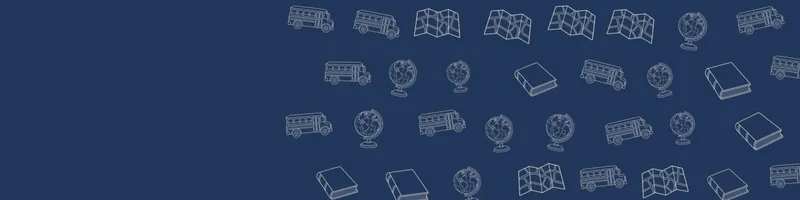Navy Google Classroom header with white line drawings of globe, map, book closed, school bus on the right