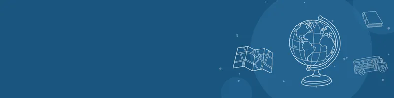 Ocean blue Google Classroom header with white line drawings of globe, map, book closed, school bus on the right