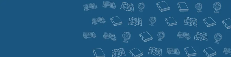 Ocean blue Google Classroom header with white line drawings of globe, map, book closed, school bus on the right