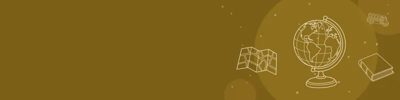 Ochre Google Classroom header with white line drawings of globe, map, book closed, school bus on the right