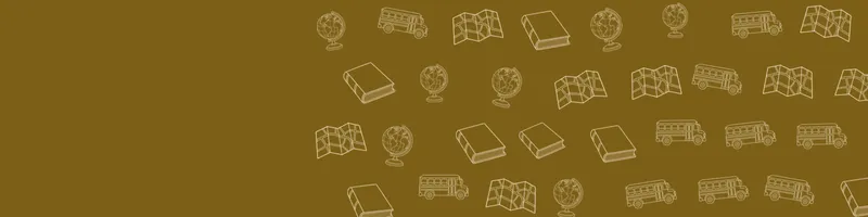 Ochre Google Classroom header with white line drawings of globe, map, book closed, school bus on the right