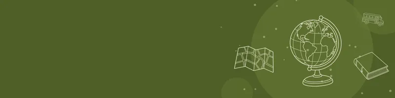 Olive Google Classroom header with white line drawings of globe, map, book closed, school bus on the right